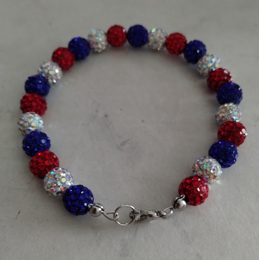 Handmade Red, White & Blue Rhinestone Beaded Bracelet - Picture 2 of 3